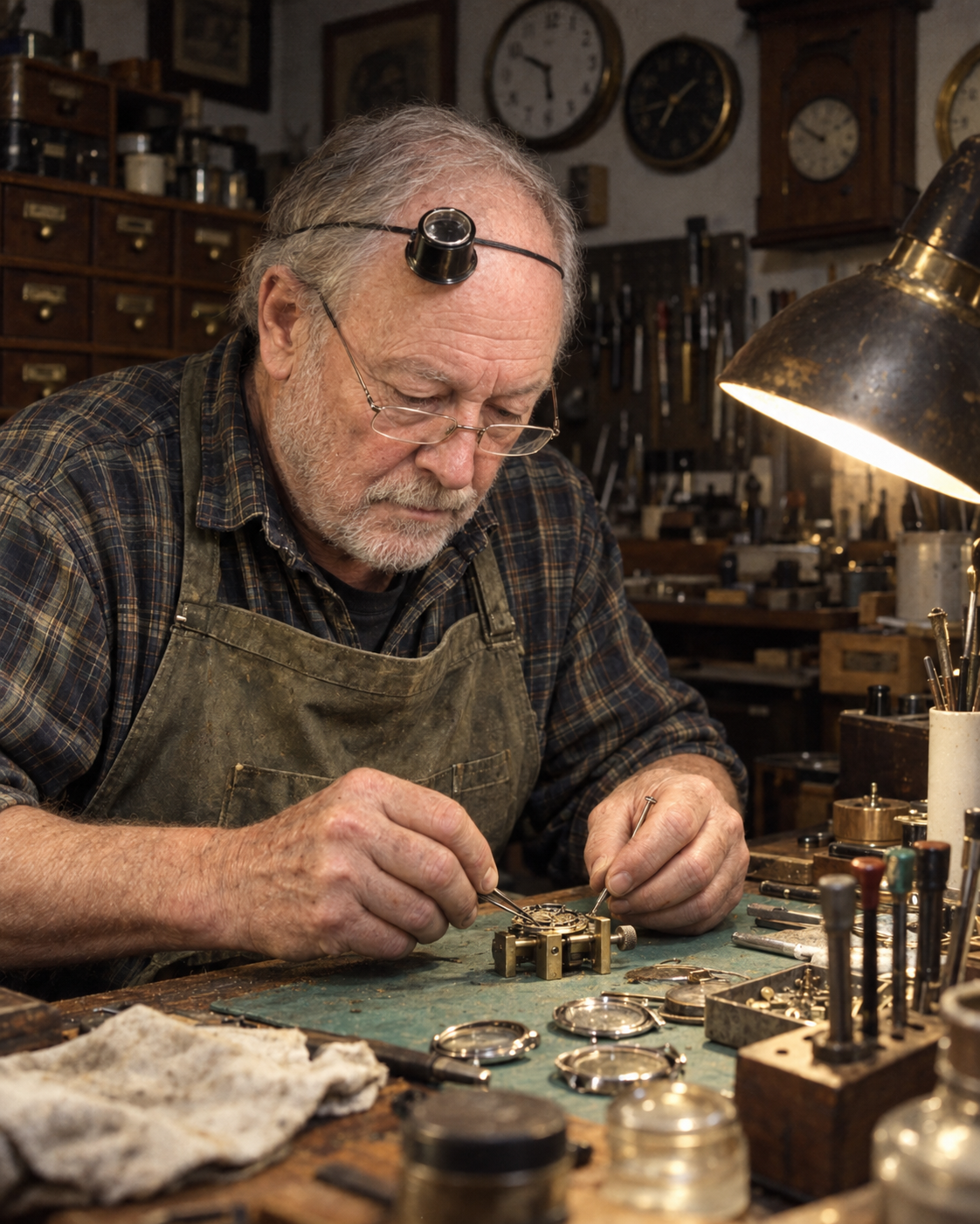 Ray Dunlap at his repair bench under a task lamp, loupe on his head, working on a watch movement